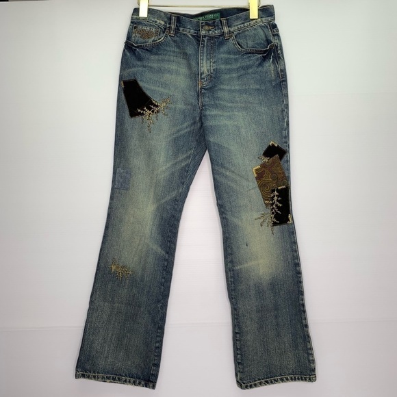 Ralph Lauren Jeans 4P Petite Patched Distressed Fade Denim Boho NWT - Picture 1 of 10
